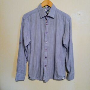 Via Uomo Button Front Shirt-Large-Reversible Cuffs-Roll Tab Sleeve-Contrast Trim
